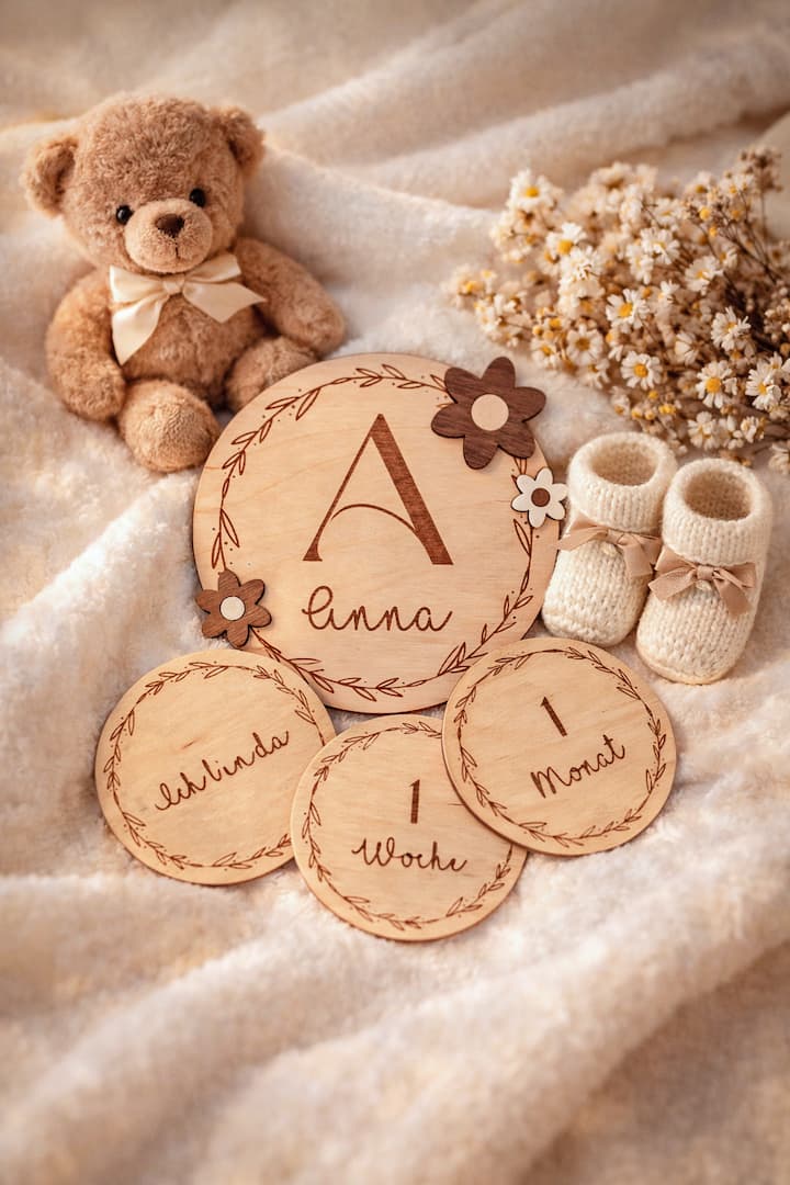 Baby Meilensteinkarten aus Holz für Monate 1 bis 11 und 1 Jahr