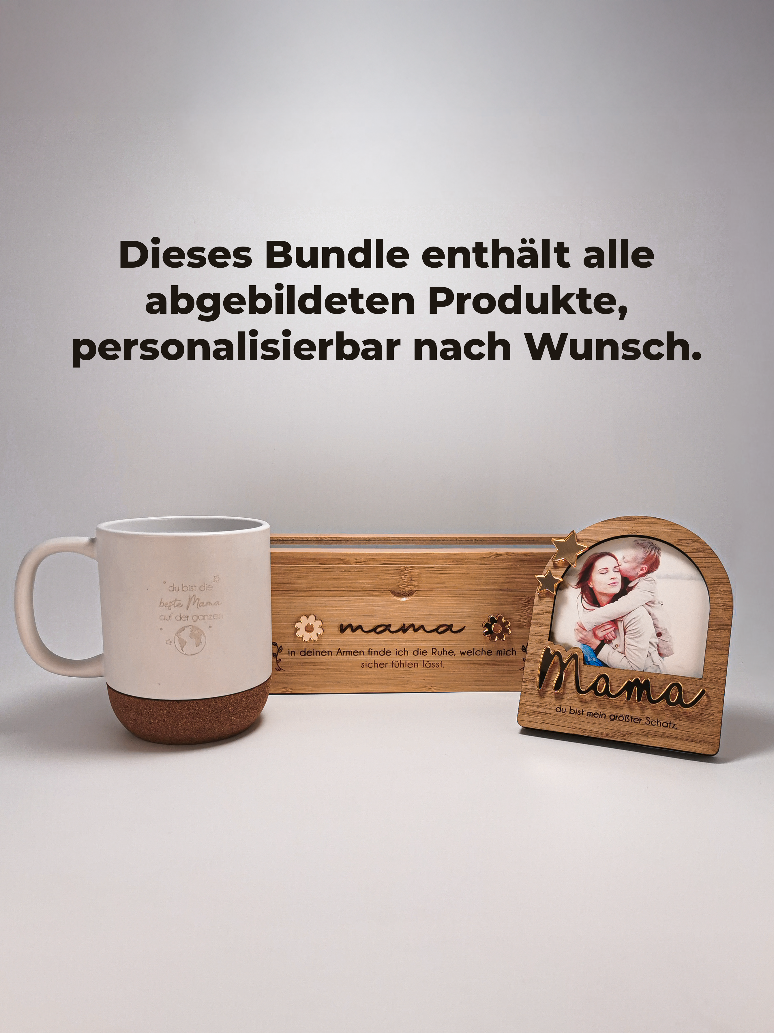 Geschenk-Set für Mama mit gravierter Teebox aus Holz, Keramiktasse und kleinem Mini-Bilderrahmen.