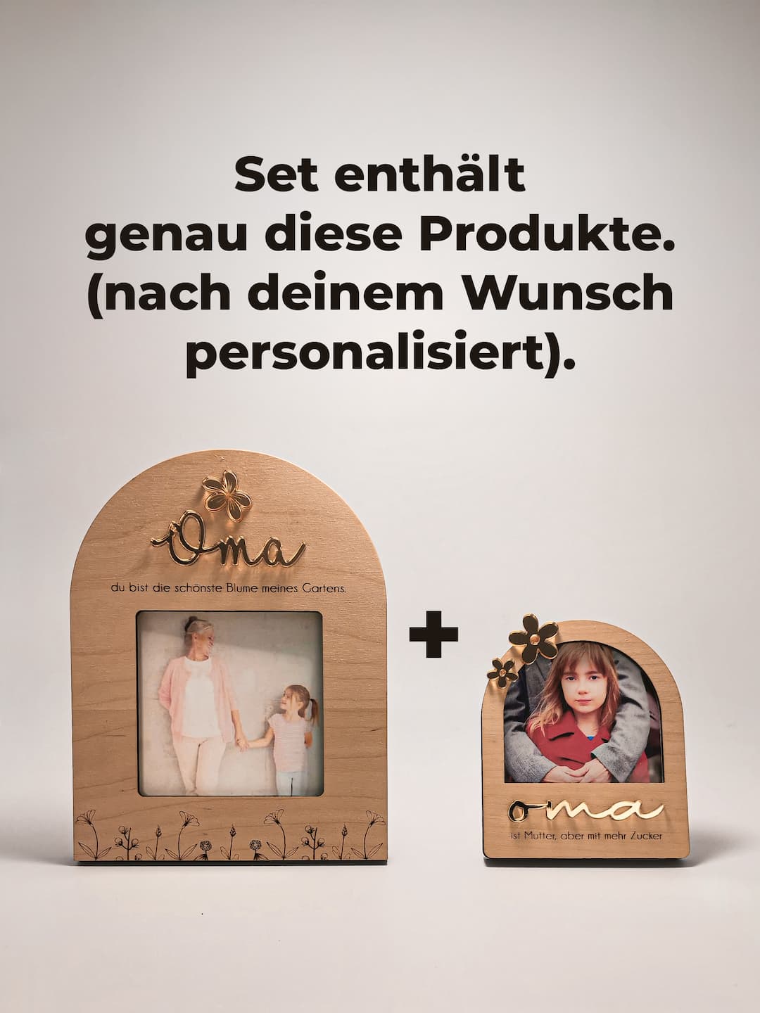 Geschenk-Set für Oma mit Holz-Bilderrahmen und goldenen Acryl-Details, inklusive kleinem Mini-Rahmen für Fotos.