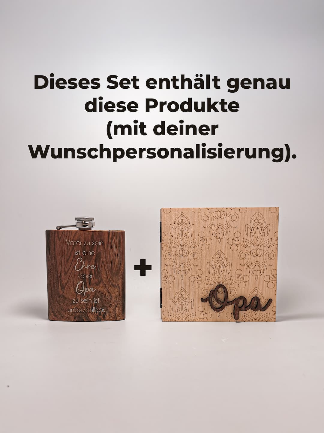Geschenk-Set für Opa mit einem personalisierbaren Holz-Fotobuch und einem Edelstahl-Flachmann.