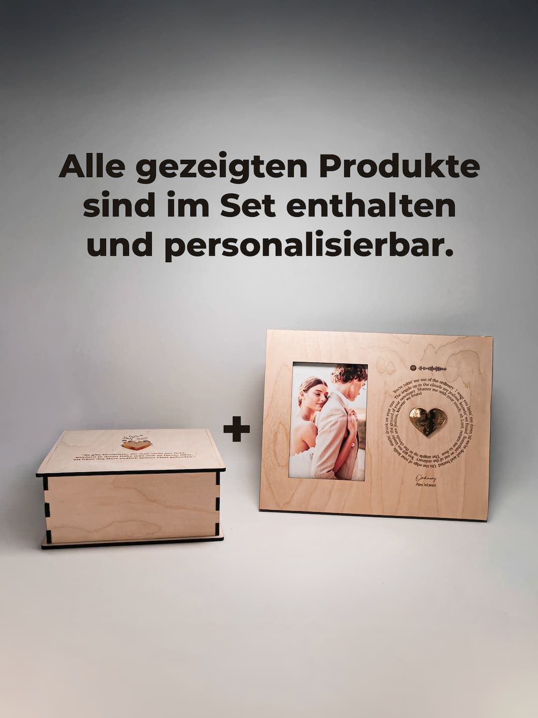 Geschenk-Set für Paare mit personalisiertem Spotify-Bilderrahmen und Foto- & Erinnerungswürfel aus Holz.
