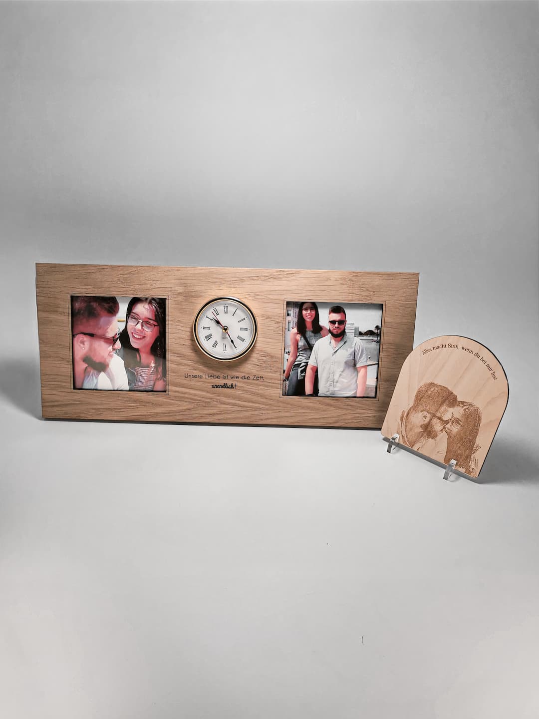 Edles Geschenkset aus doppeltem Holzrahmen und individuell gravierter Fotoplatte – perfekt für besondere Anlässe.