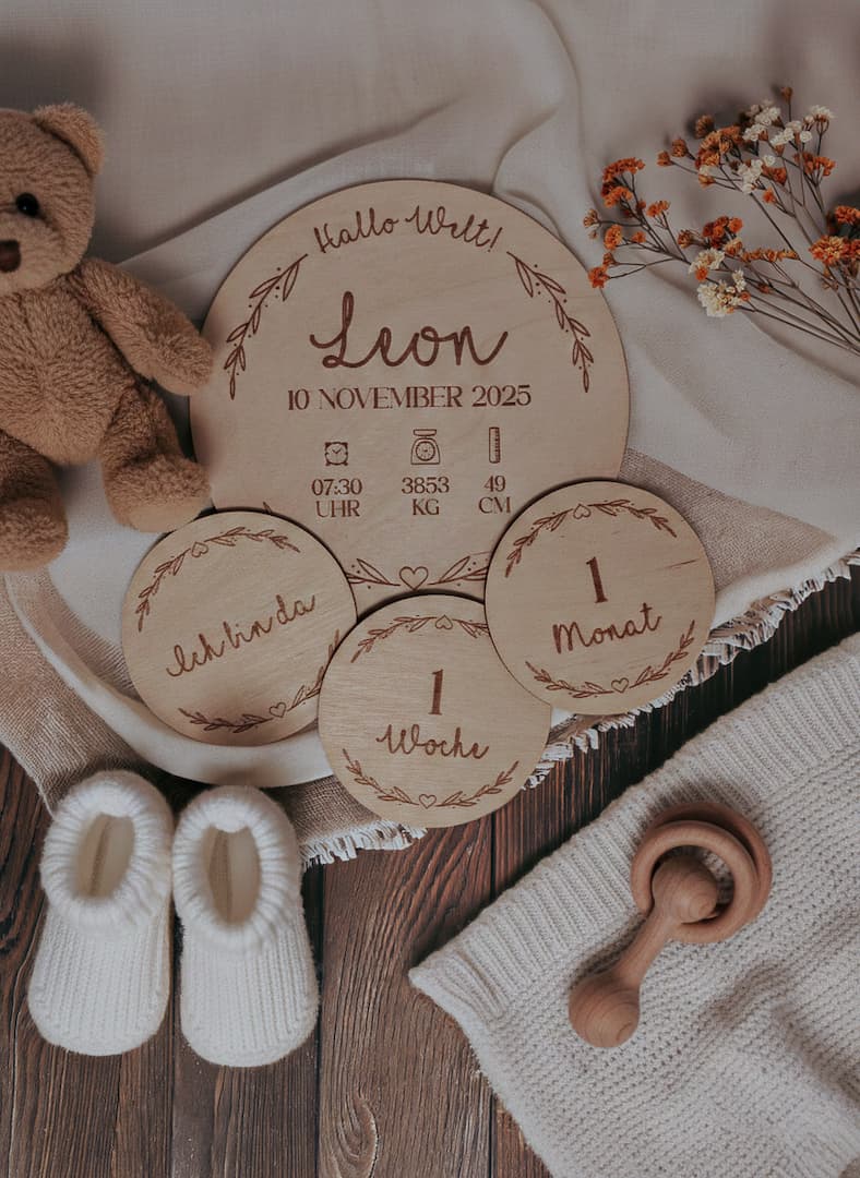 Monats-Scheiben 1–11 im Set, Meilensteinkarten Holz Set personalisiert, als Fächer ausgelegt