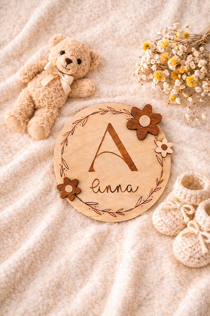 Meilensteinkarten aus Holz Set mit Namenskarte und Babyfoto-Setup