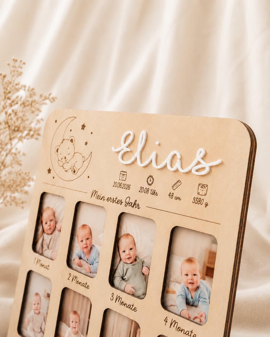 Personalisierter Bilderrahmen Mein erstes Jahr, Baby 12 Monate Geburtsdaten, Holz Acryl Birke, Geschenk zur Geburt