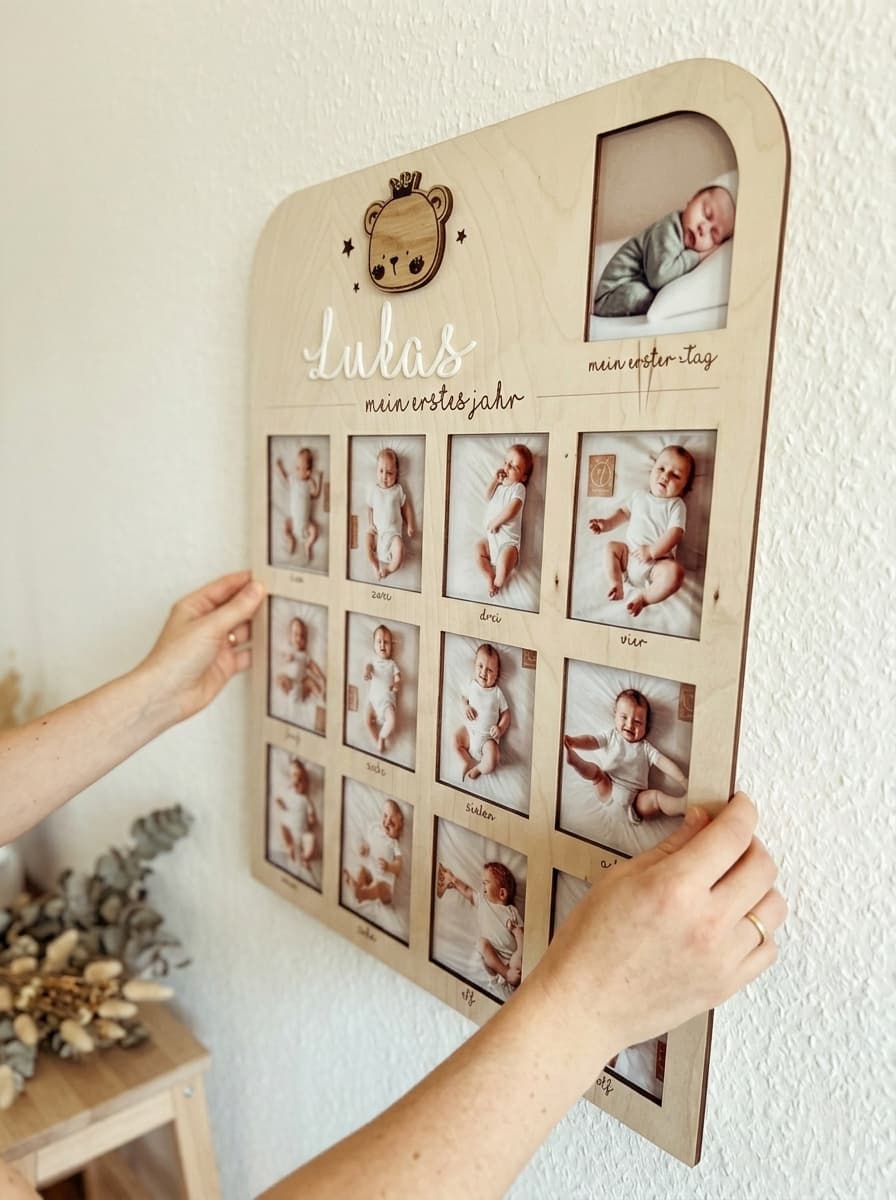 Personalisierter Bilderrahmen „Mein erstes Jahr“ – Erinnerung für 12 Babyfotos & Geburtstagsfoto