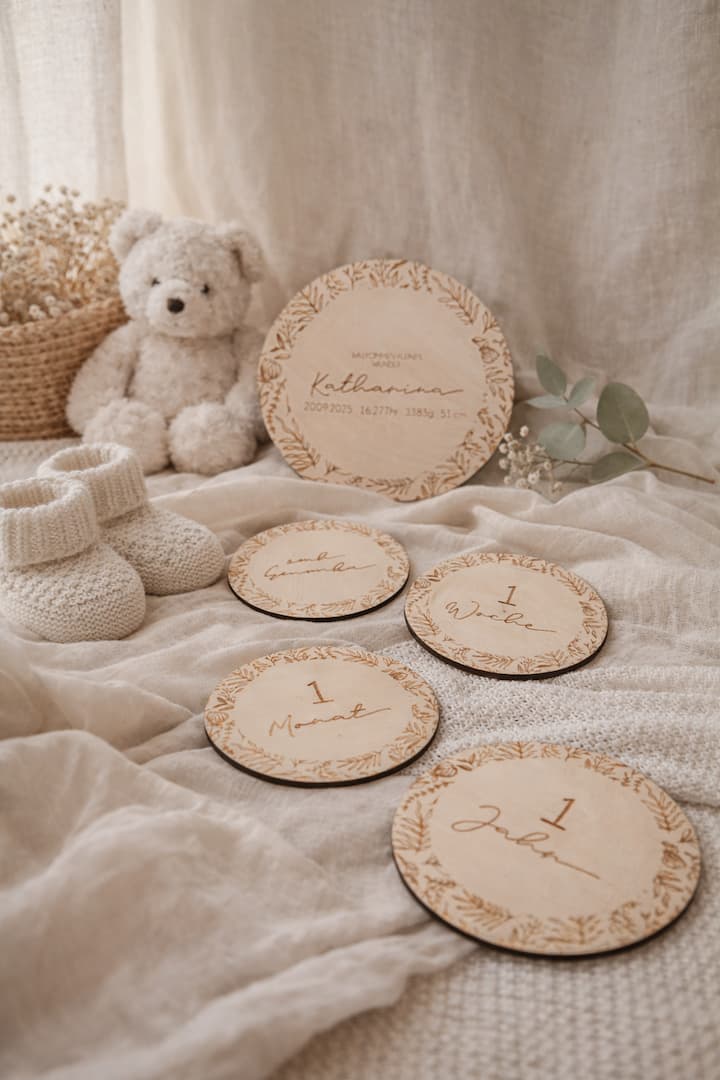 Personalisierte Baby Meilensteinkarte aus Holz mit Name und Geburtsdaten