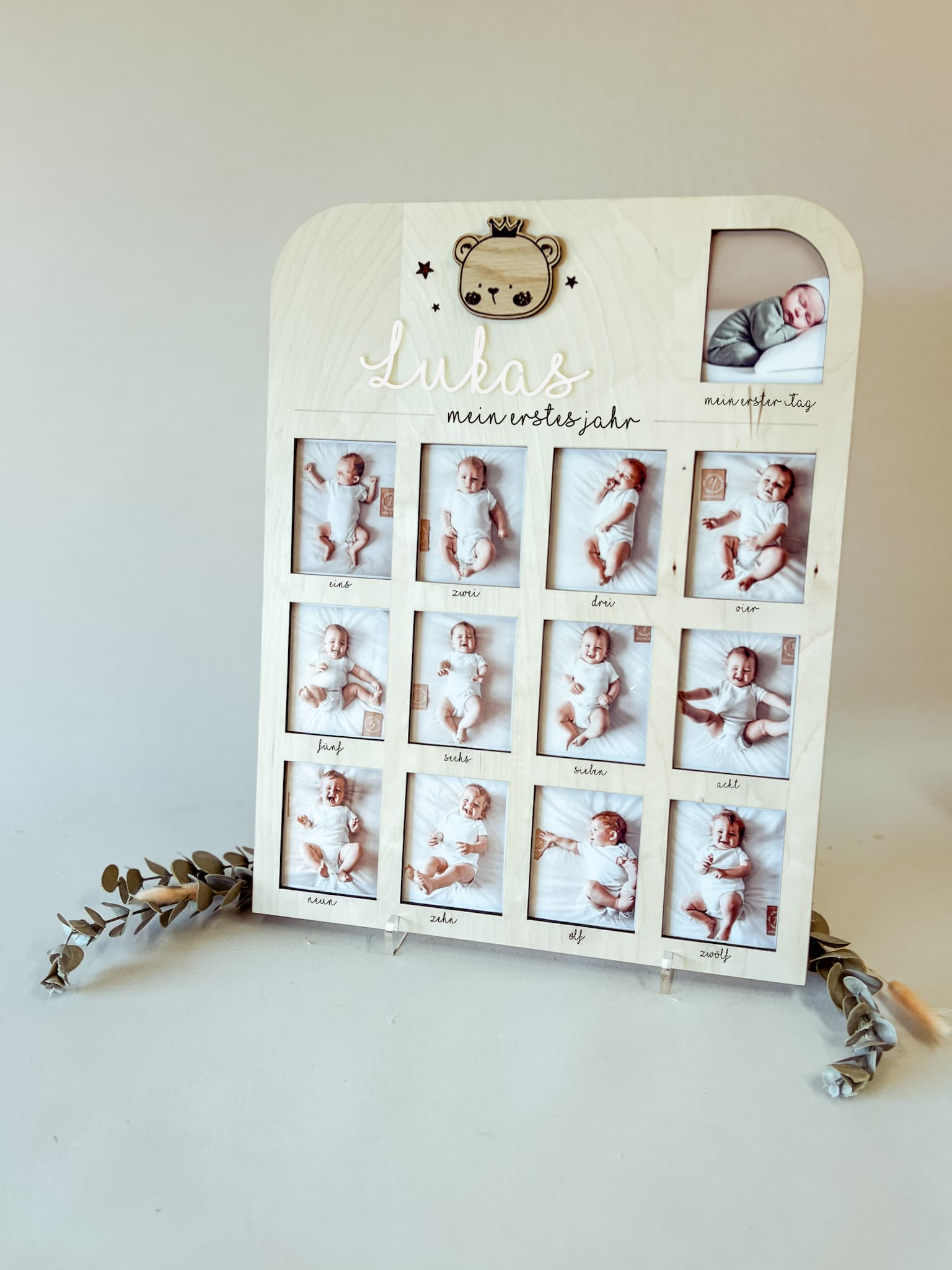 Personalisierter Bilderrahmen Mein erstes Jahr aus Birke, 12 Monatsfotos plus Geburtsbild