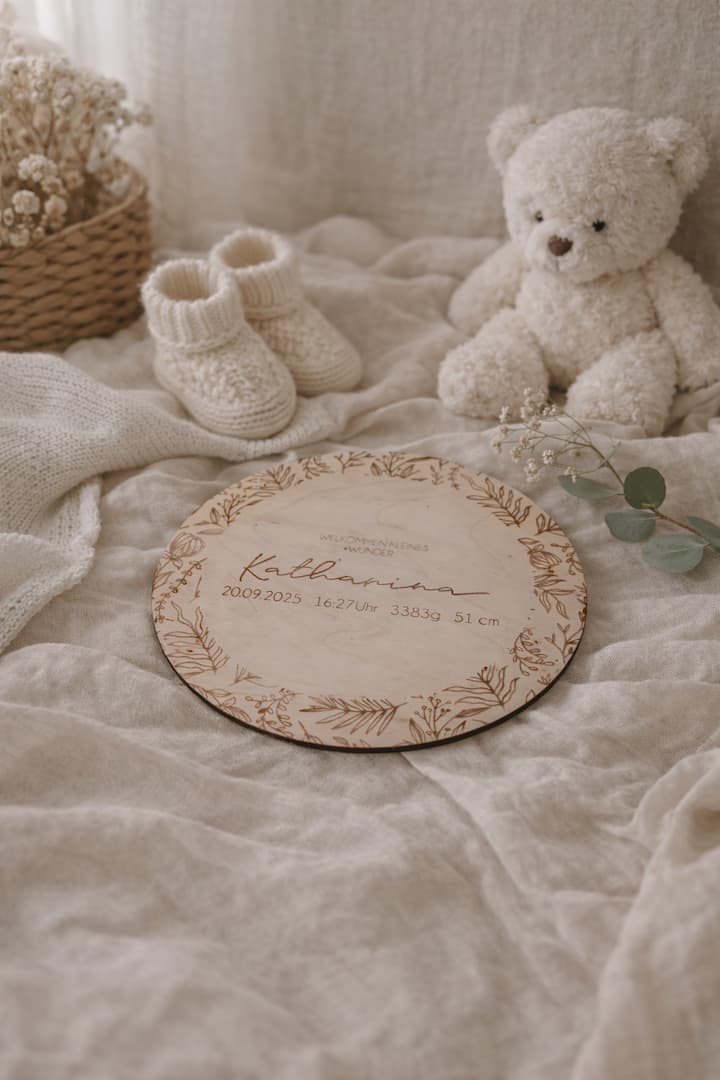 Meilenstein mit Aufschrift „Ich bin da“ aus Holz für Neugeborenenfotos