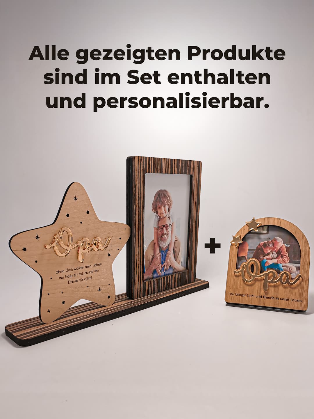 Dekoratives Geschenk-Set für Großväter bestehend aus graviertem Sternrahmen und kleinem Holz-Minirahmen.