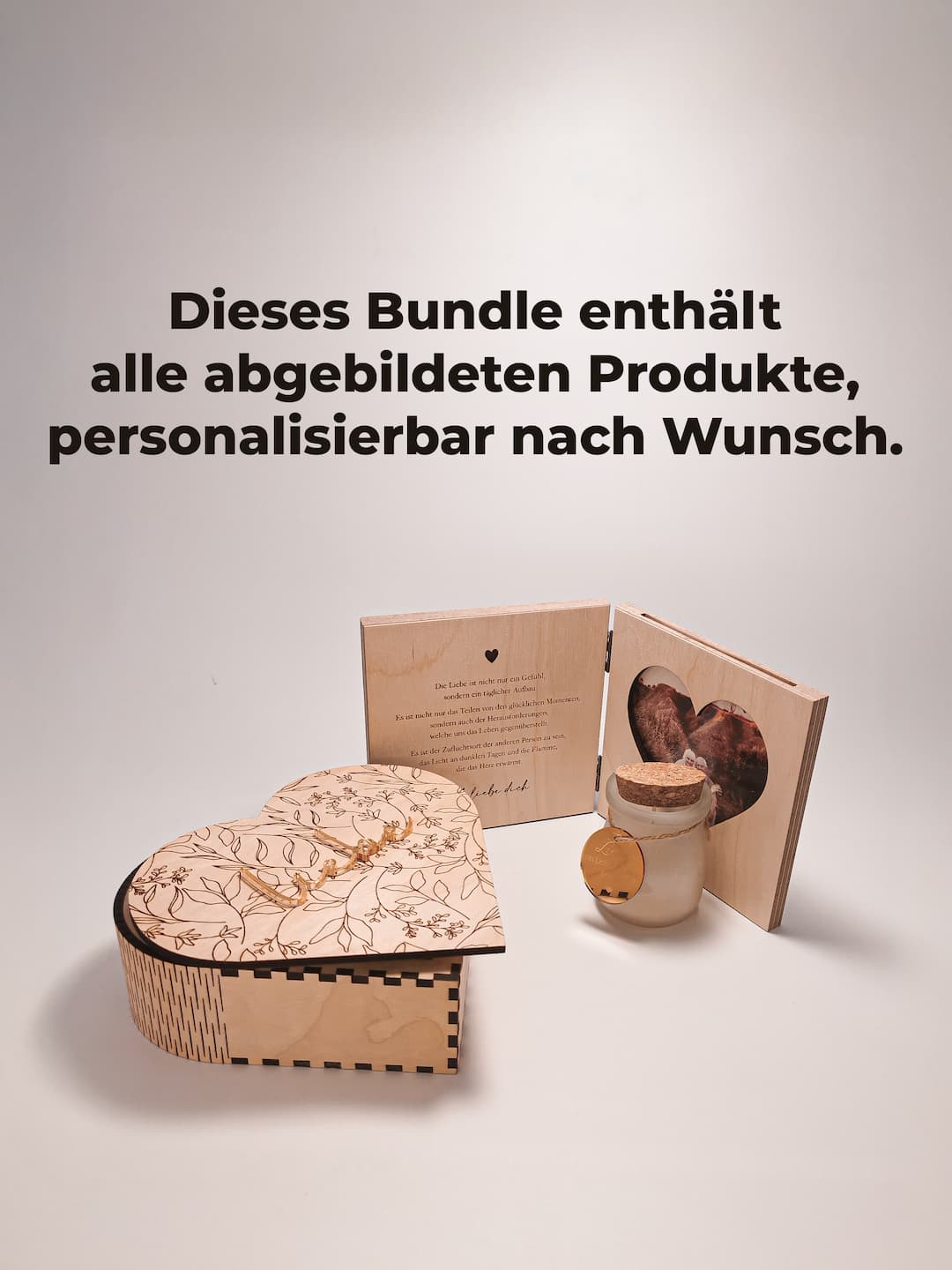 Geschenk-Set für Paare mit Buch-Bilderrahmen, gravierter Holzbox „Liebe“ und hochwertiger Duftkerze.
