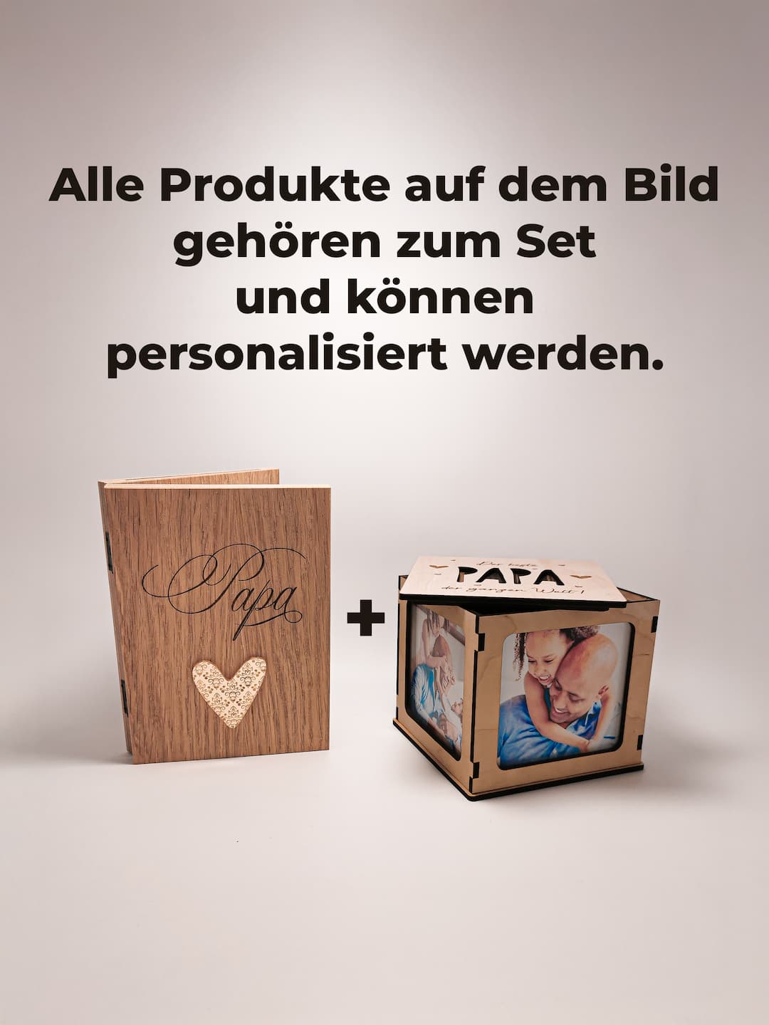 Geschenk-Set für Papa mit personalisierbarem Holz-Bilderrahmen und Foto- und Erinnerungswürfel aus Holz.