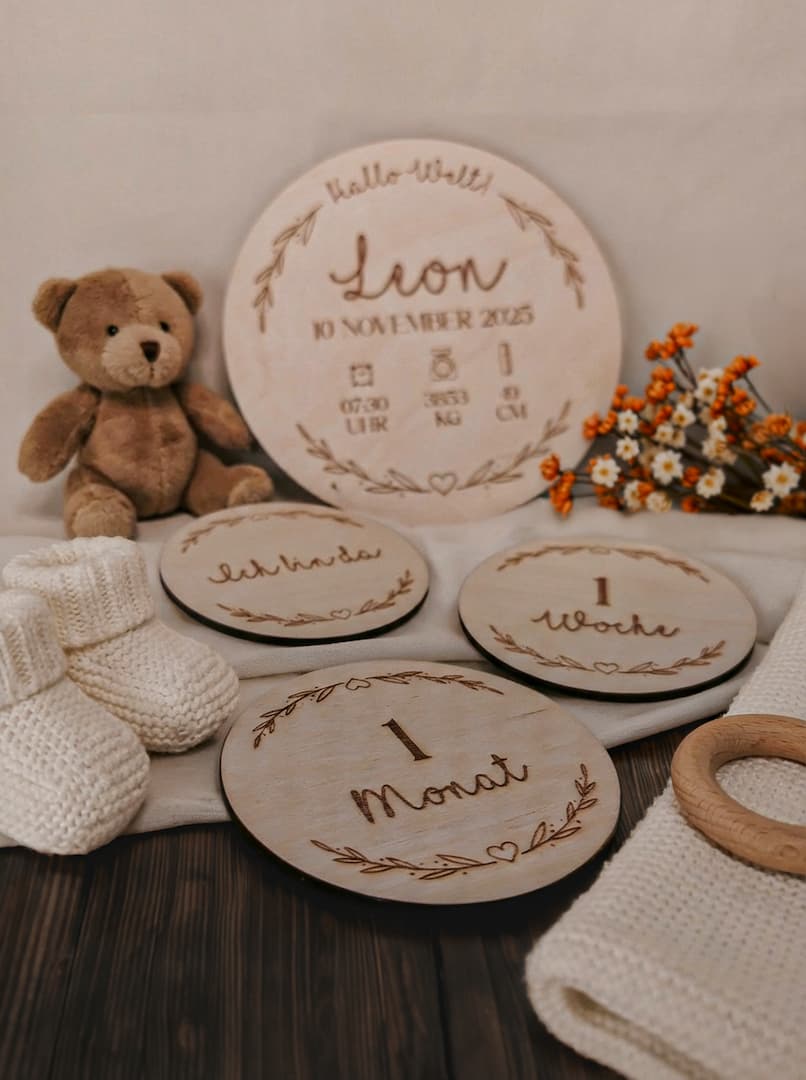 9-cm-Scheibe „Ich bin da“ aus Birkenholz, Meilensteinkarten Holz Set personalisiert