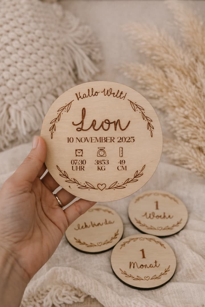 Lasergravur-Detail auf Birkenholz, Meilensteinkarten Holz Set personalisiert, Makroaufnahme