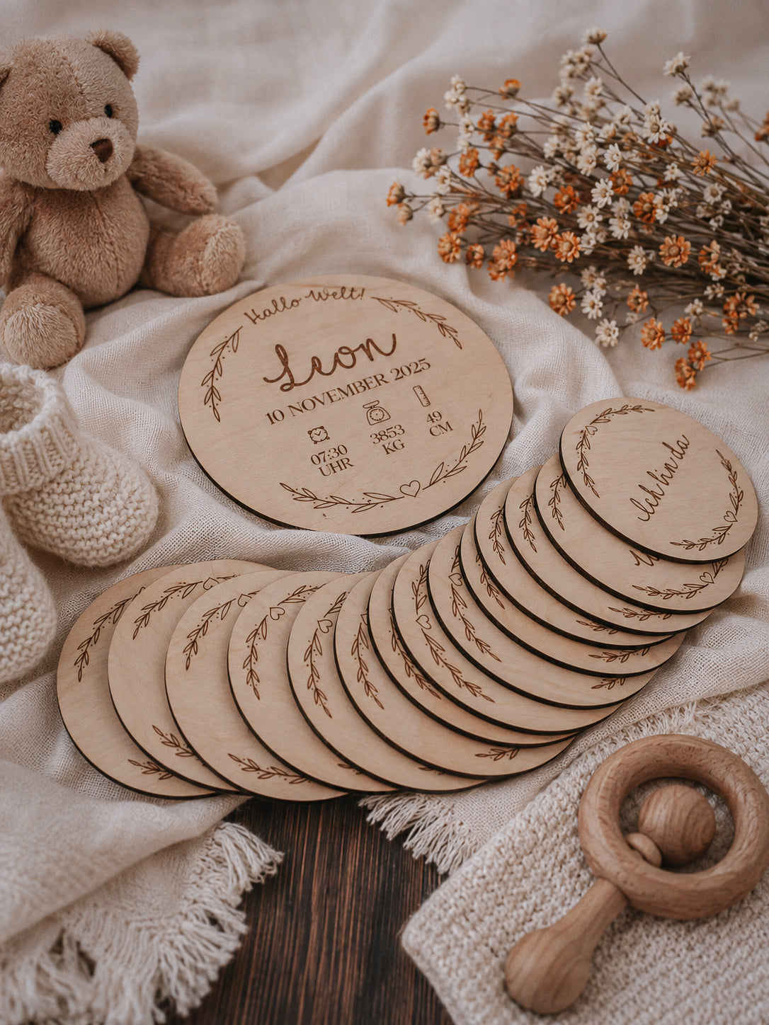 Meilensteinkarten Holz Set personalisiert (15 Teile) – 1. Jahr