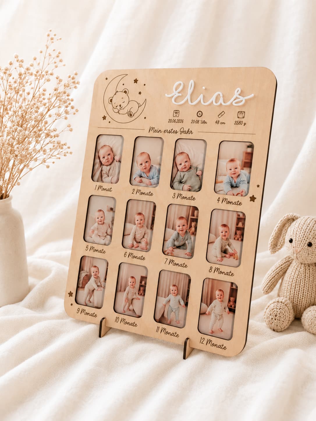 Personalisierter Bilderrahmen Mein erstes Jahr, Baby 12 Monate Geburtsdaten, Holz Acryl Birke, Geschenk zur Geburt