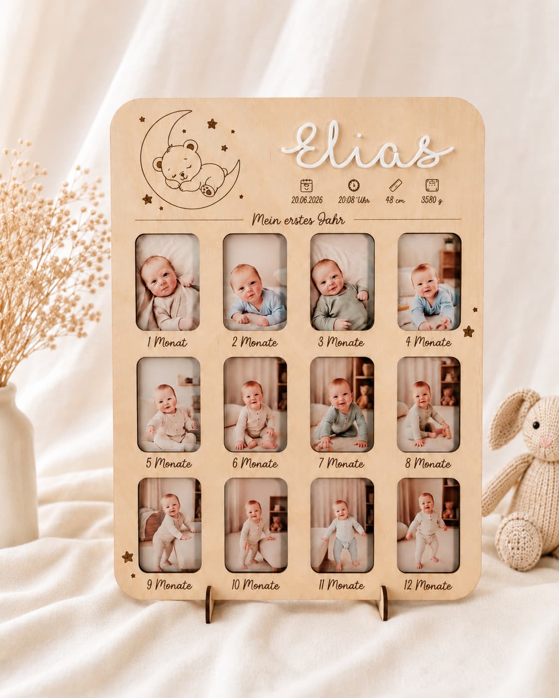 Personalisierter Bilderrahmen Mein erstes Jahr, Baby 12 Monate Geburtsdaten, Holz Acryl Birke, Geschenk zur Geburt