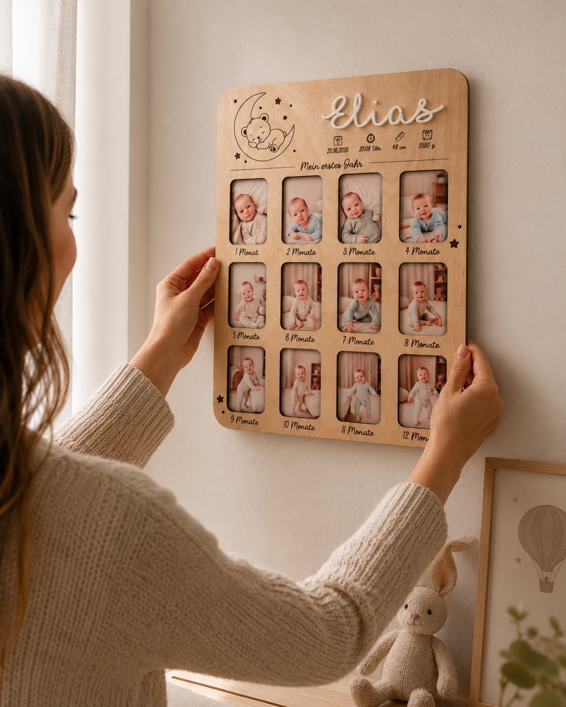 Personalisierter Bilderrahmen Mein erstes Jahr, Baby 12 Monate Geburtsdaten, Holz Acryl Birke, Geschenk zur Geburt