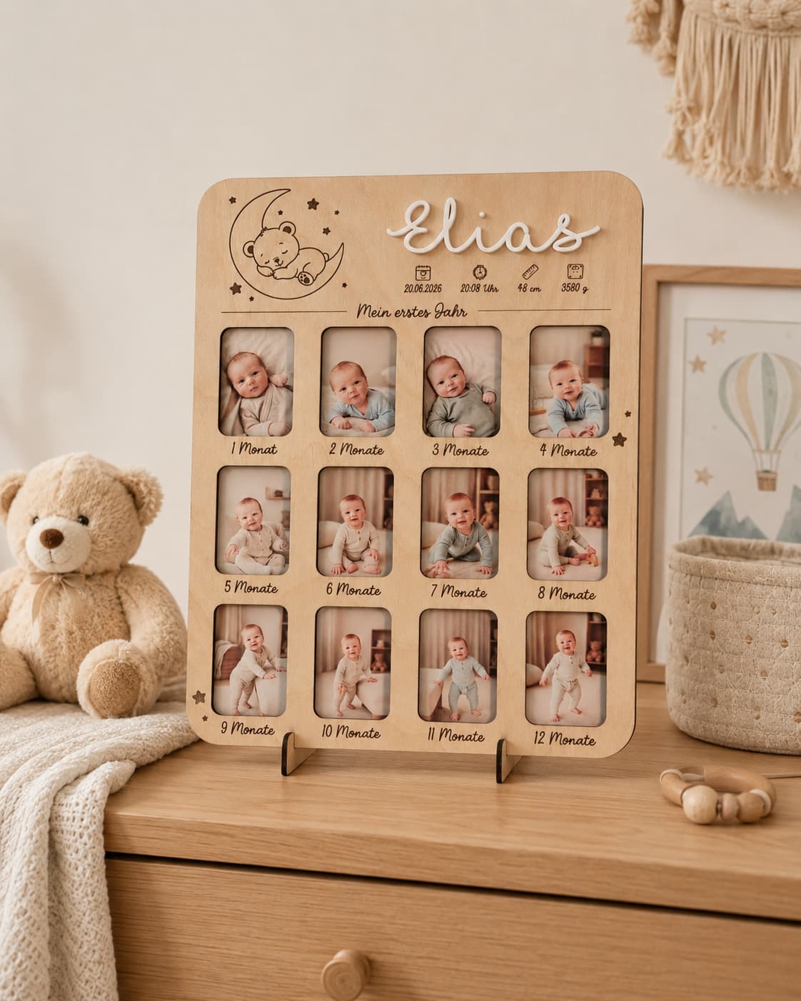 Personalisierter Bilderrahmen Mein erstes Jahr, Baby 12 Monate Geburtsdaten, Holz Acryl Birke, Geschenk zur Geburt