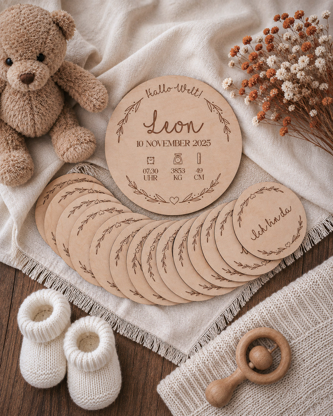Meilensteinkarten Holz Set personalisiert (15 Teile) – 1. Jahr
